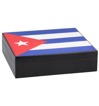 Humidor pentru trabucuri, cu suprafață neagră și steagul cubanez