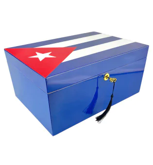 Humidor albastru cu steagul cubanez pentru 100 de trabucuri